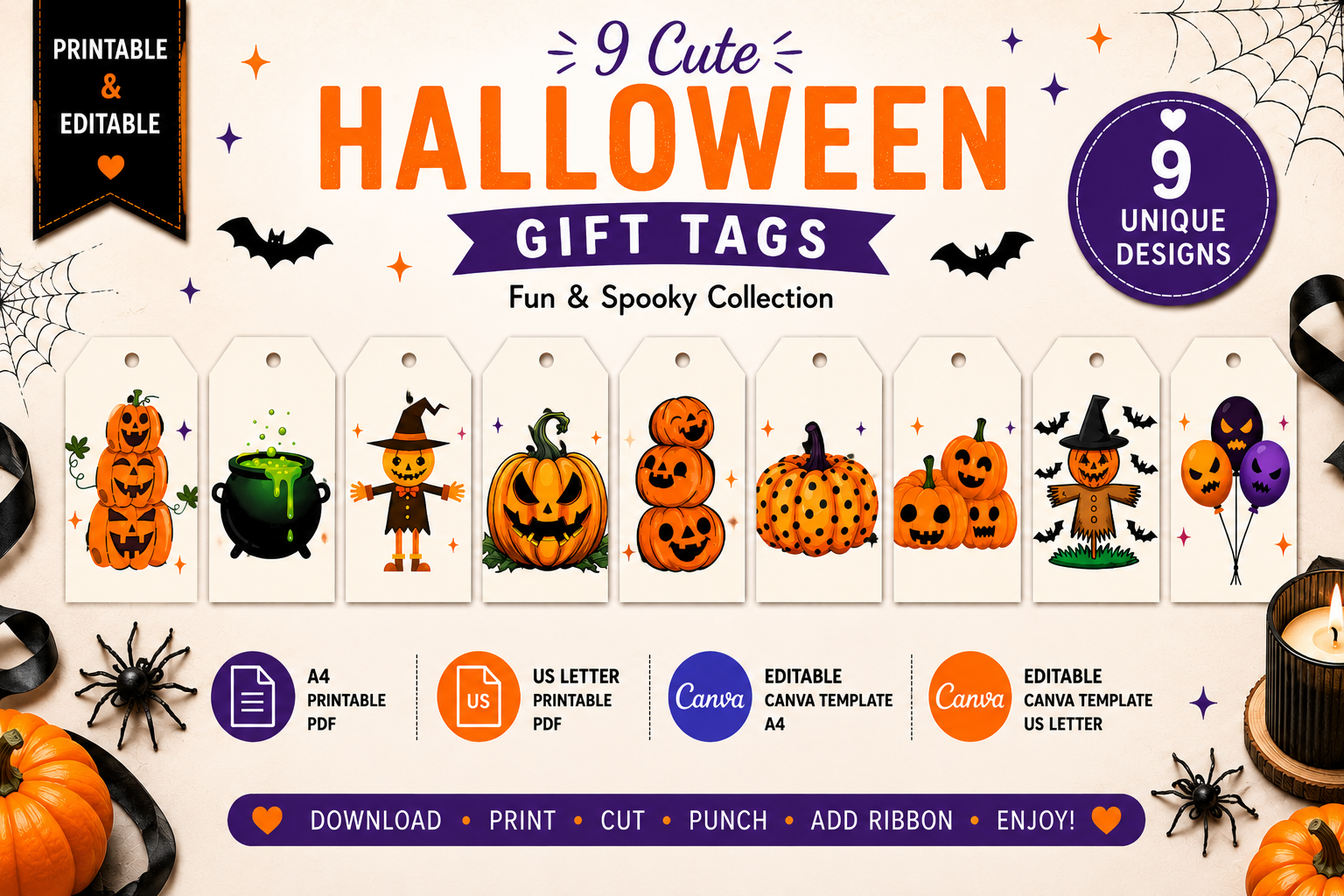 Cute & Spooky White & Orange Halloween Gift Tags – Printable & Editable