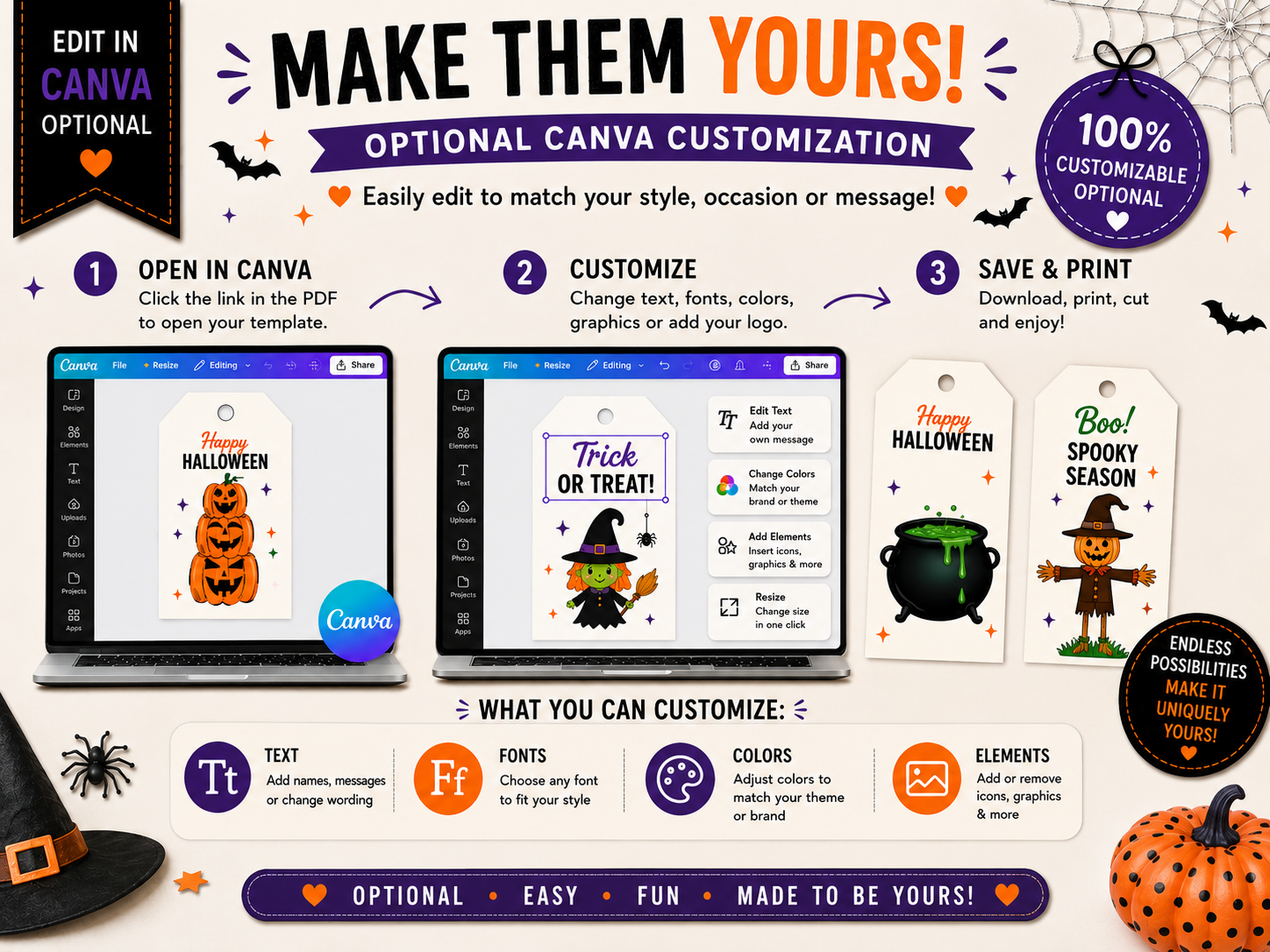 Cute & Spooky White & Orange Halloween Gift Tags – Printable & Editable