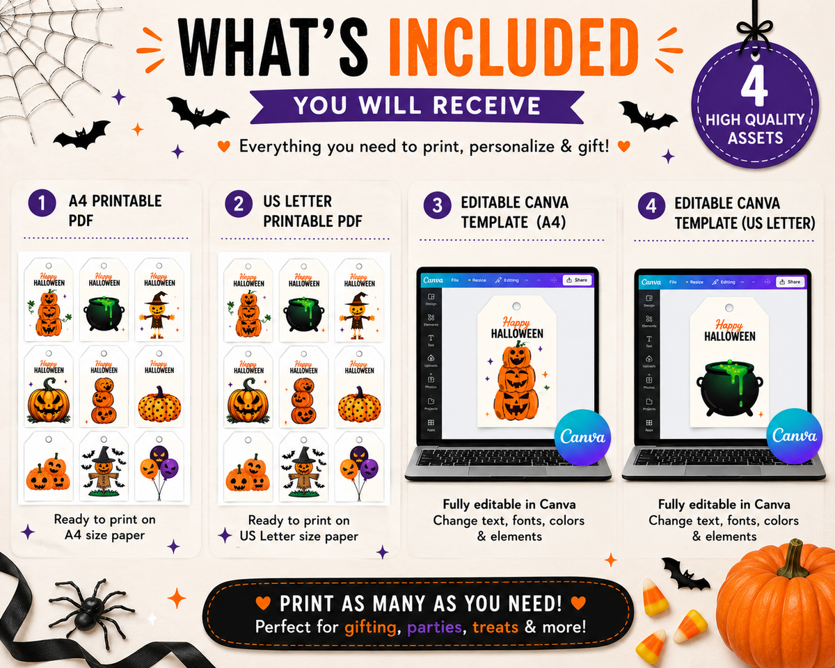 Cute & Spooky White & Orange Halloween Gift Tags – Printable & Editable
