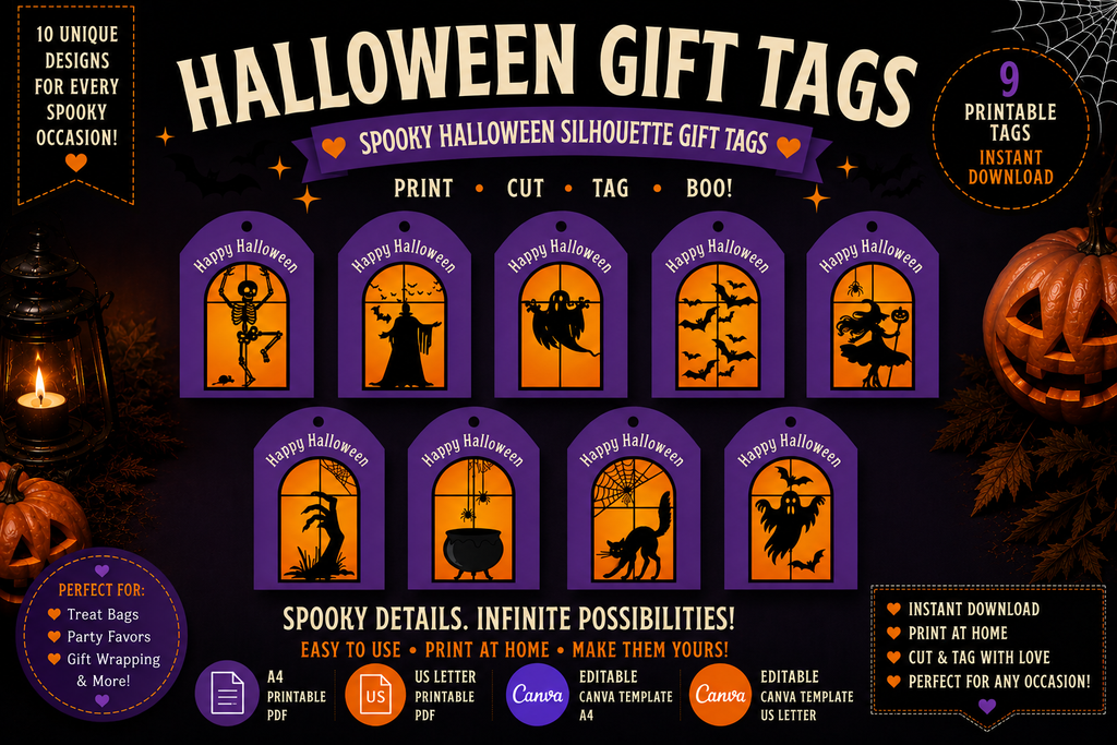 Spooky Halloween Silhouette Gift Tags – Printable & Editable