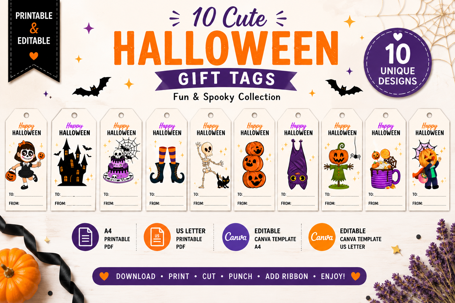 10 Cute Halloween Characters Gift Tags – Printable & Editable