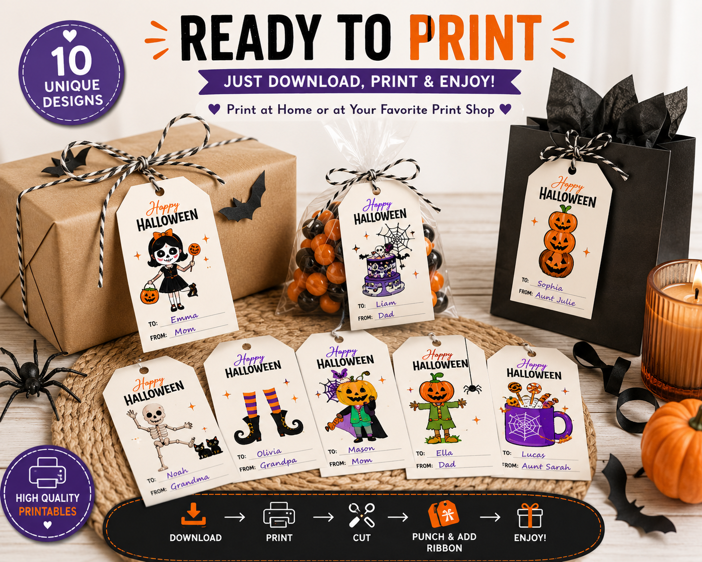 10 Cute Halloween Characters Gift Tags – Printable & Editable