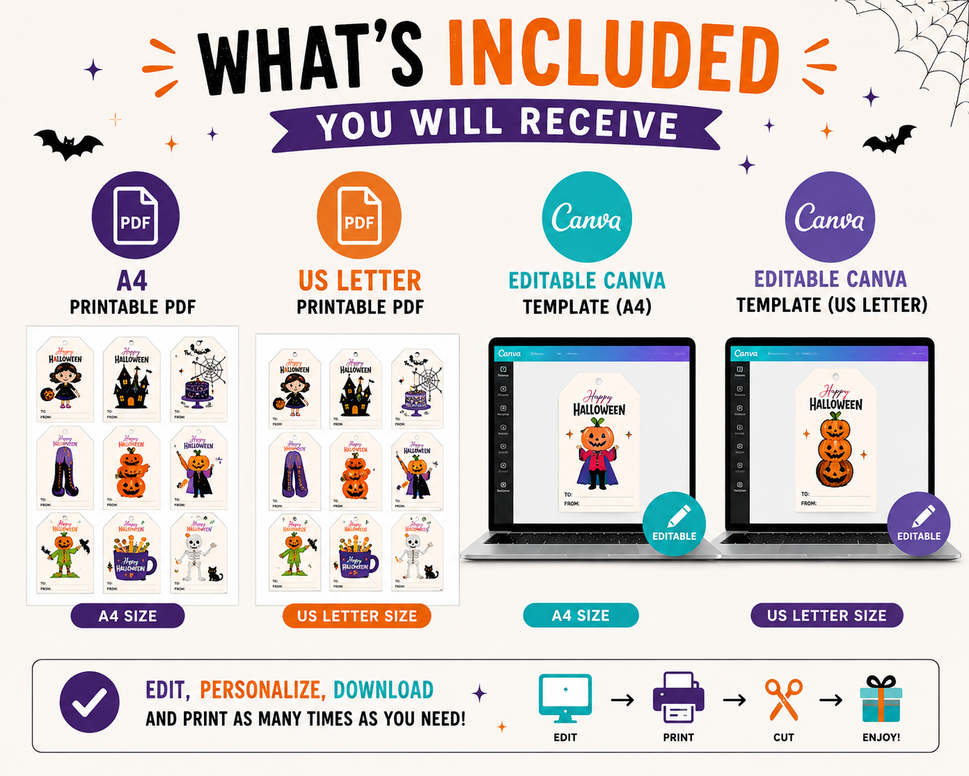 10 Cute Halloween Characters Gift Tags – Printable & Editable