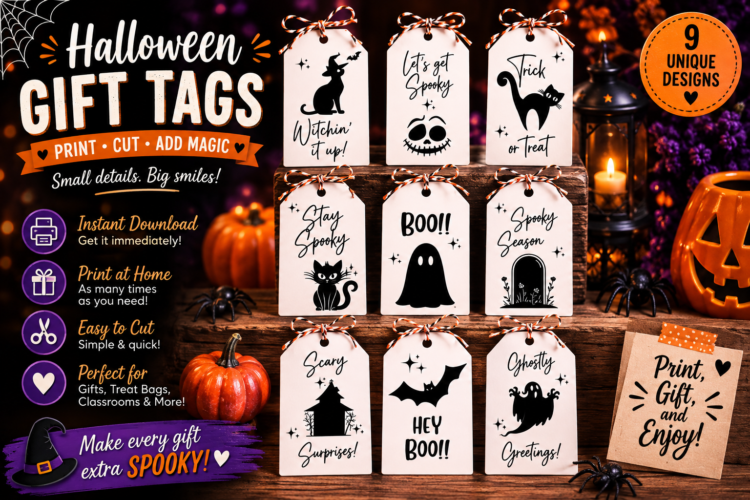 Black & White Halloween Gift Tags – Spooky Collection – Printable & Editable