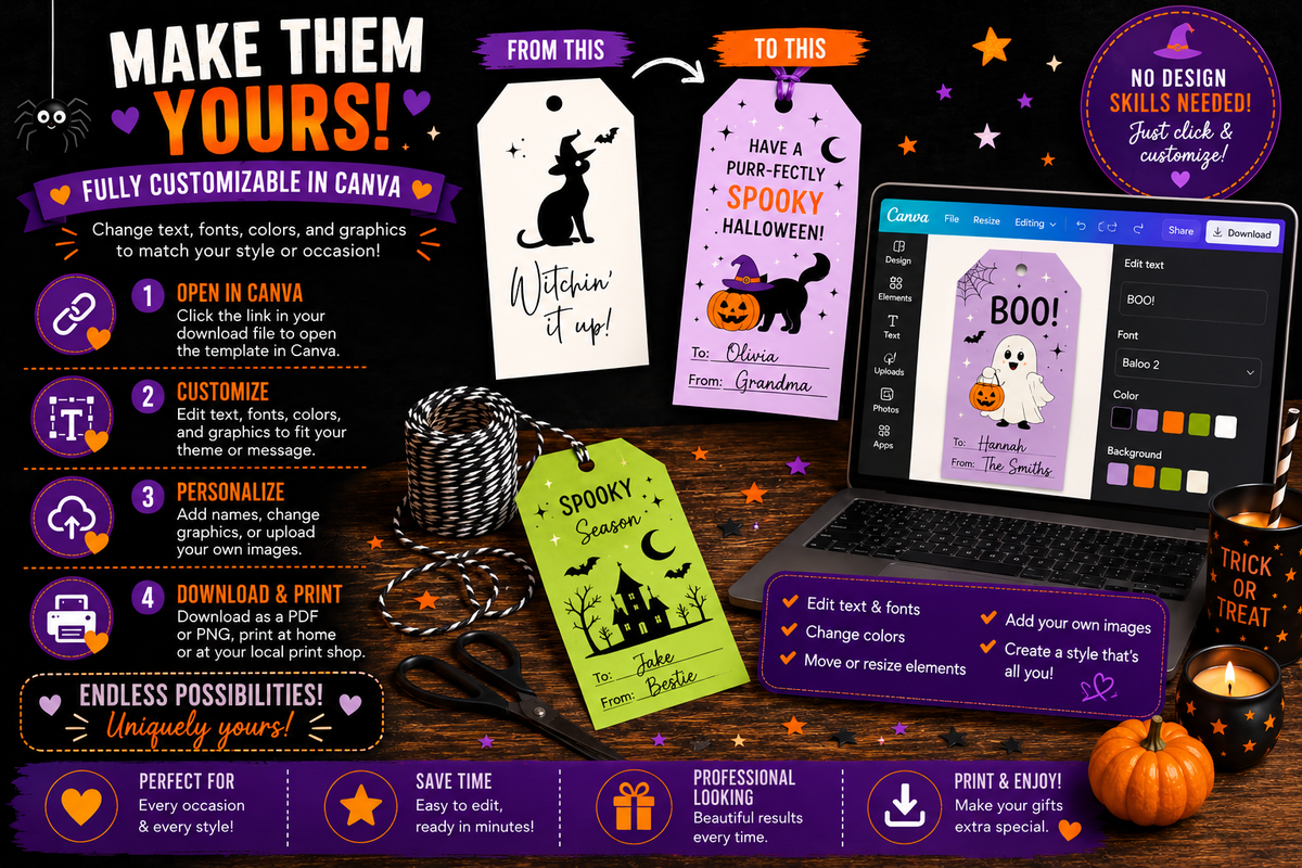 Black & White Halloween Gift Tags – Spooky Collection – Printable & Editable