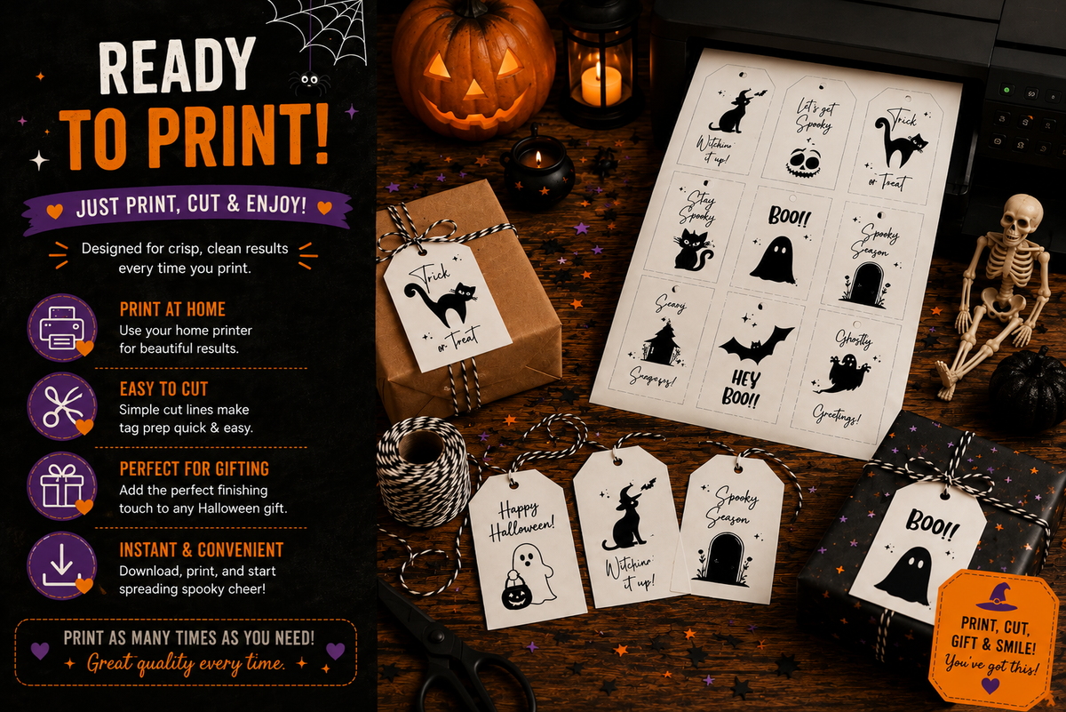 Black & White Halloween Gift Tags – Spooky Collection – Printable & Editable