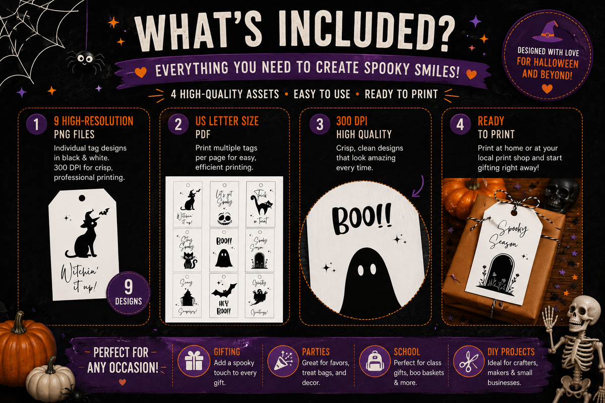 Black & White Halloween Gift Tags – Spooky Collection – Printable & Editable