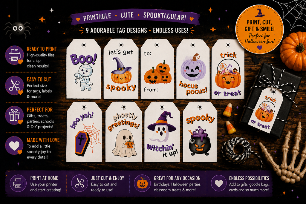 Purple & Orange Halloween Gift Tags – Printable & Editable
