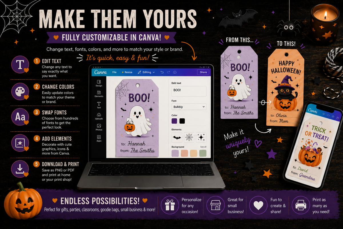 Purple & Orange Halloween Gift Tags – Printable & Editable