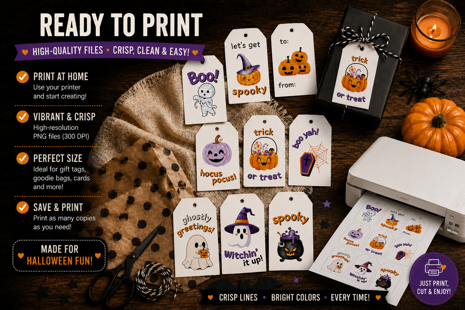 Purple & Orange Halloween Gift Tags – Printable & Editable