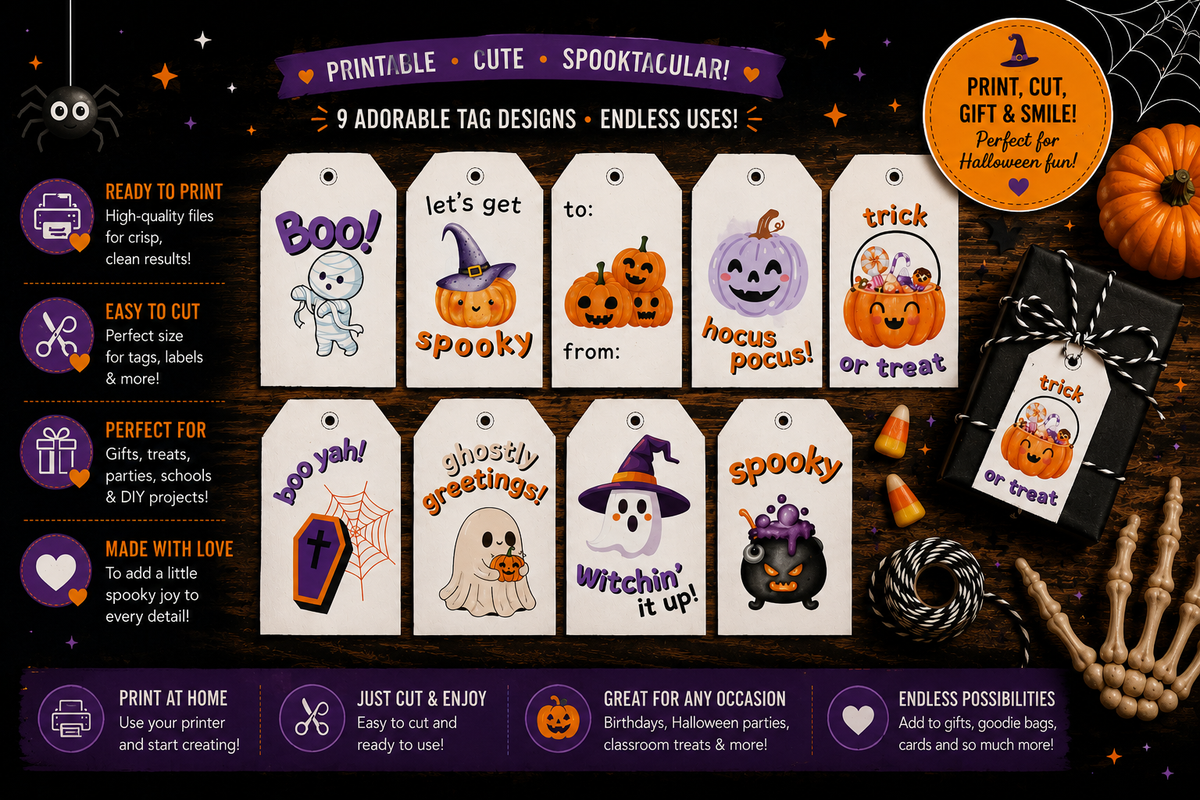 Purple & Orange Halloween Gift Tags – Printable & Editable