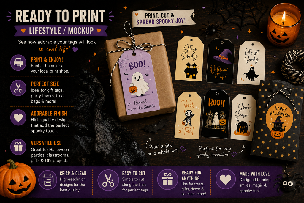 Spooky Black & Beige Halloween Gift Tags – Printable & Editable