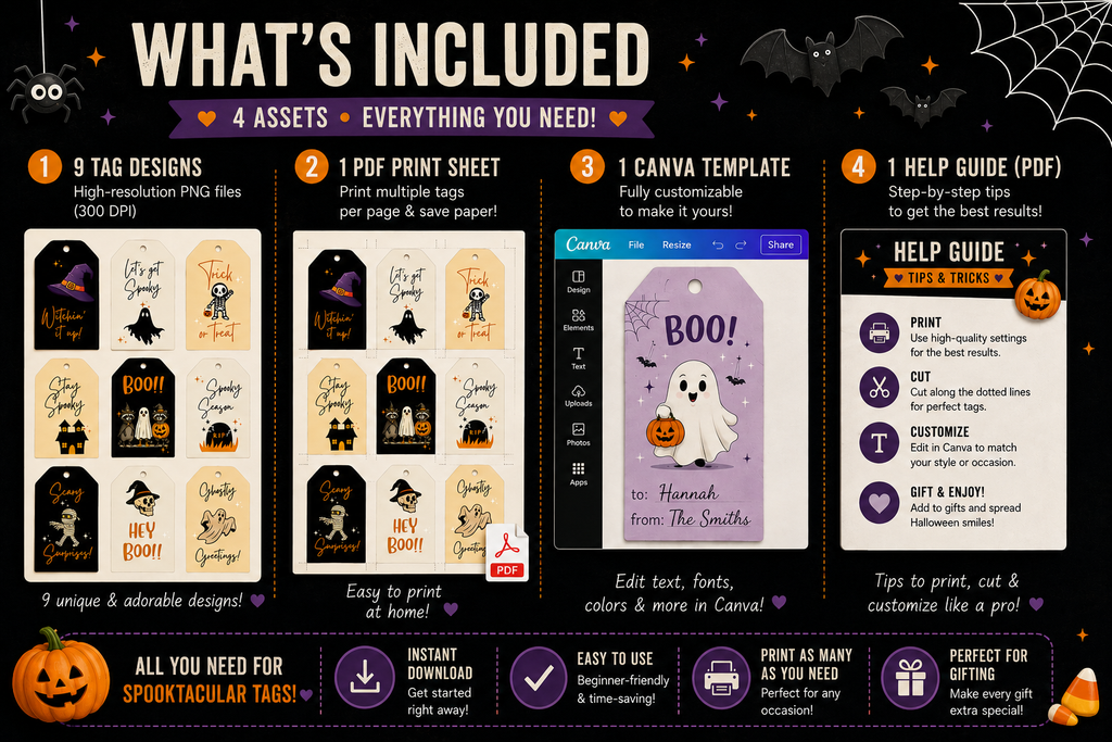 Spooky Black & Beige Halloween Gift Tags – Printable & Editable