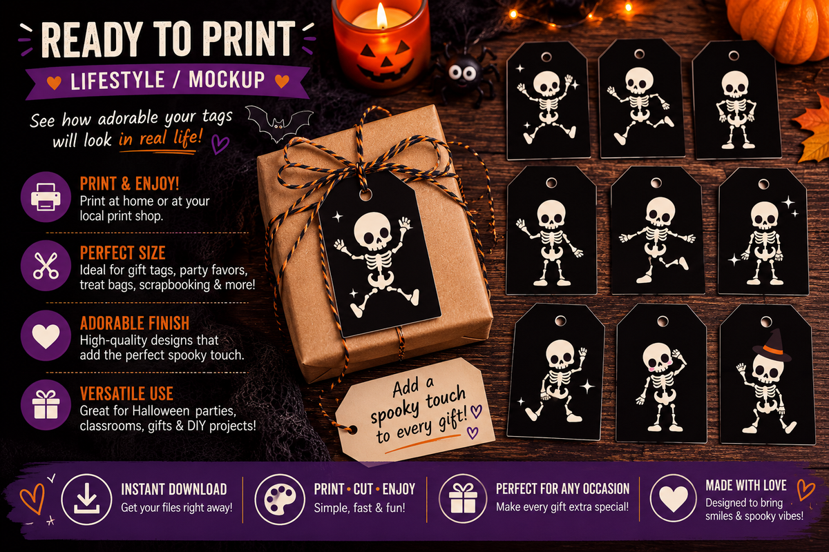 Skeleton Halloween Gift Tags – Spooky Collection – Printable & Editable