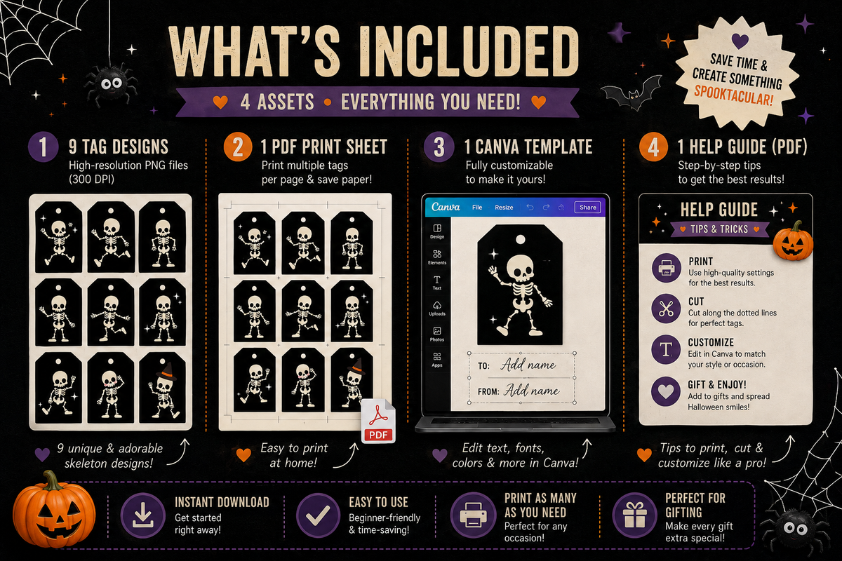 Skeleton Halloween Gift Tags – Spooky Collection – Printable & Editable