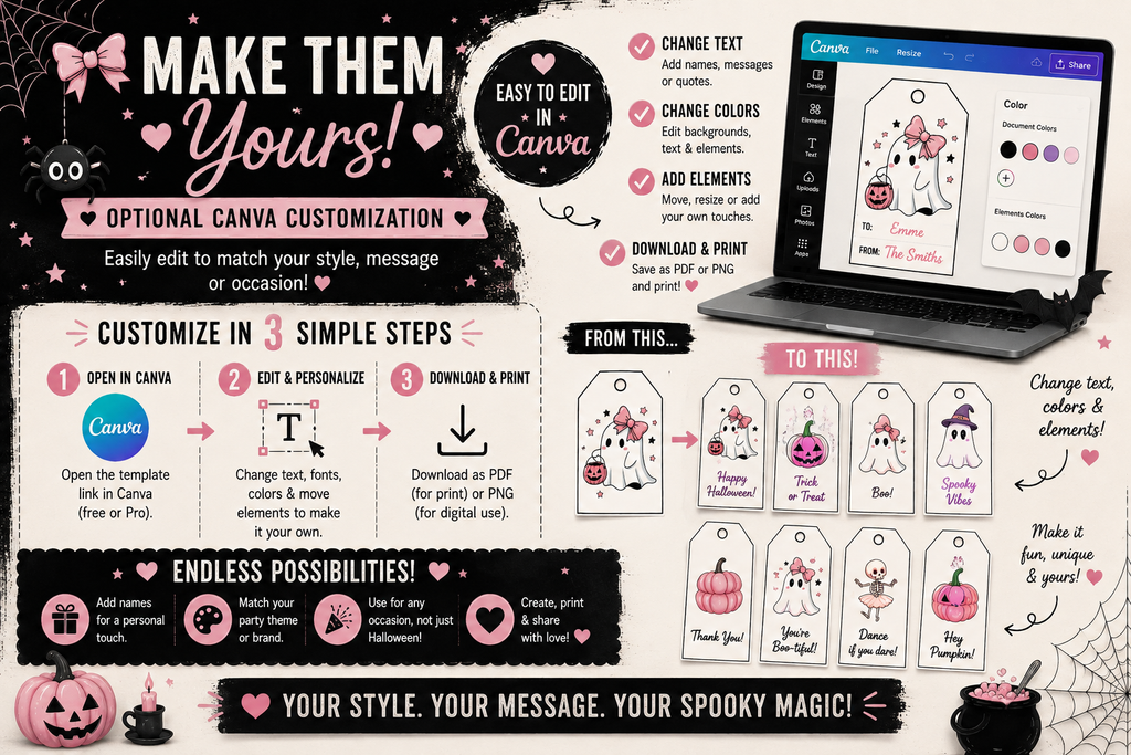 Pink Halloween Gift Tags – Cute & Spooky Collection – Printable & Editable