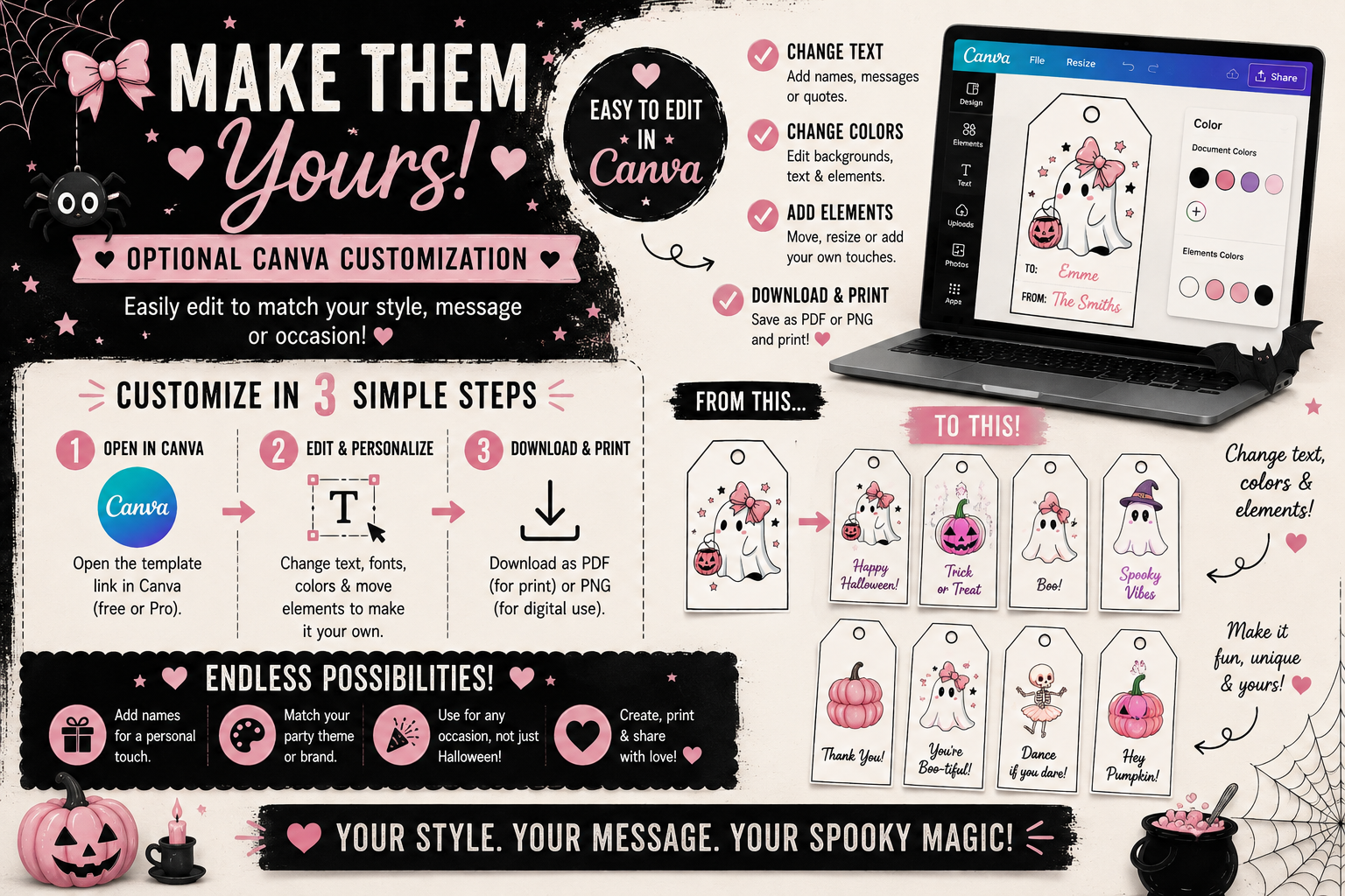 Pink Halloween Gift Tags – Cute & Spooky Collection – Printable & Editable
