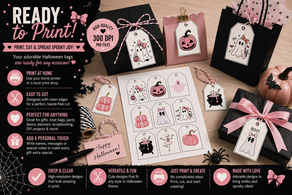 Pink Halloween Gift Tags – Cute & Spooky Collection – Printable & Editable