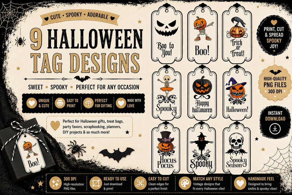 Vintage Halloween Gift Tags – Black & Orange Collection – Printable & Editable