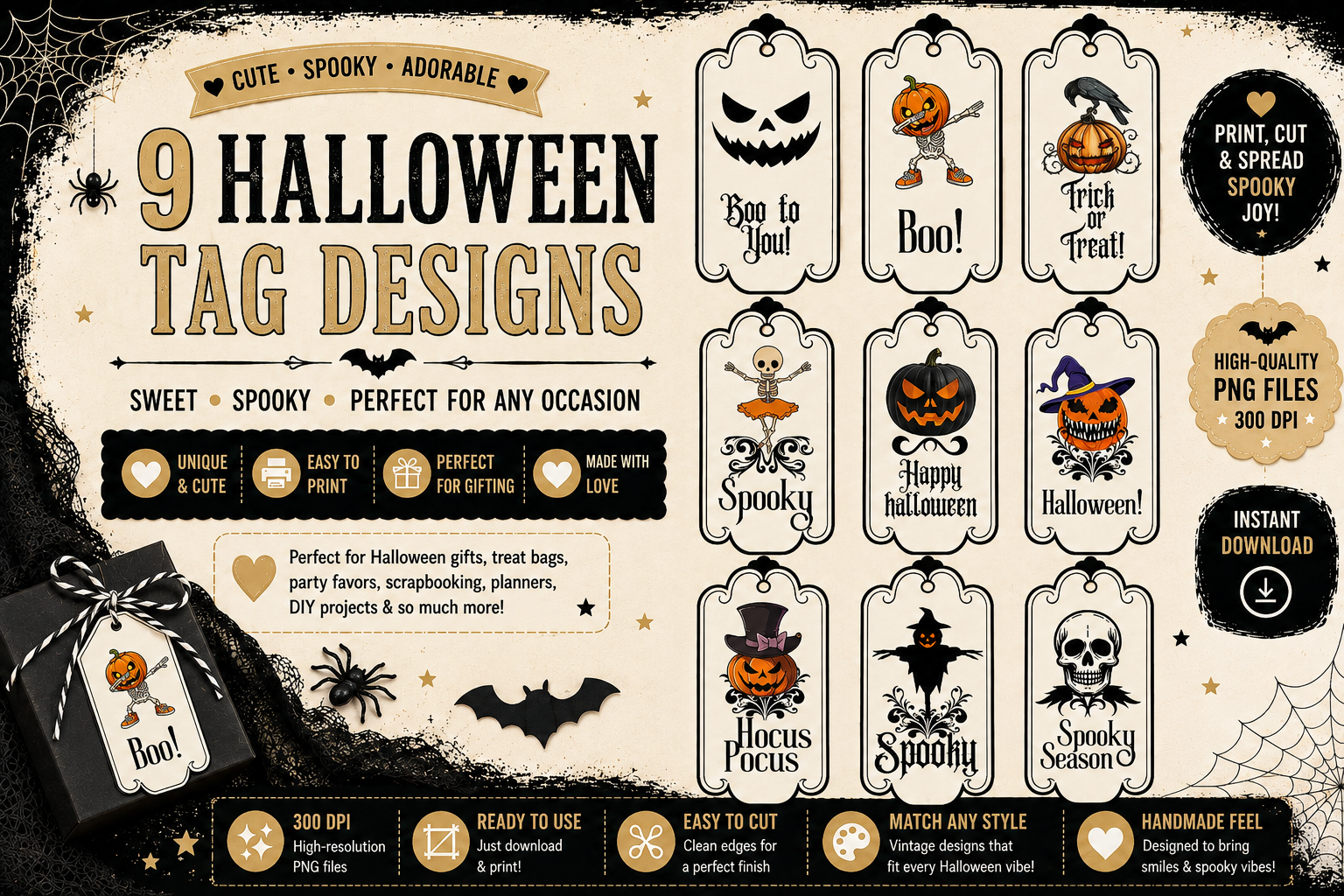 Vintage Halloween Gift Tags – Black & Orange Collection – Printable & Editable