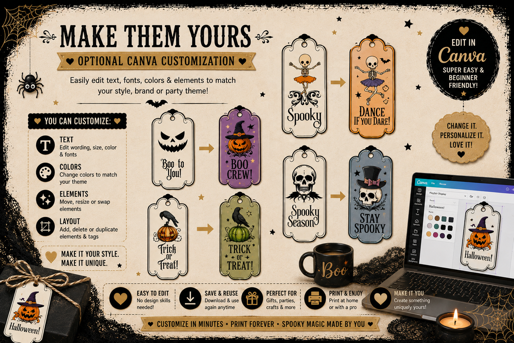 Vintage Halloween Gift Tags – Black & Orange Collection – Printable & Editable