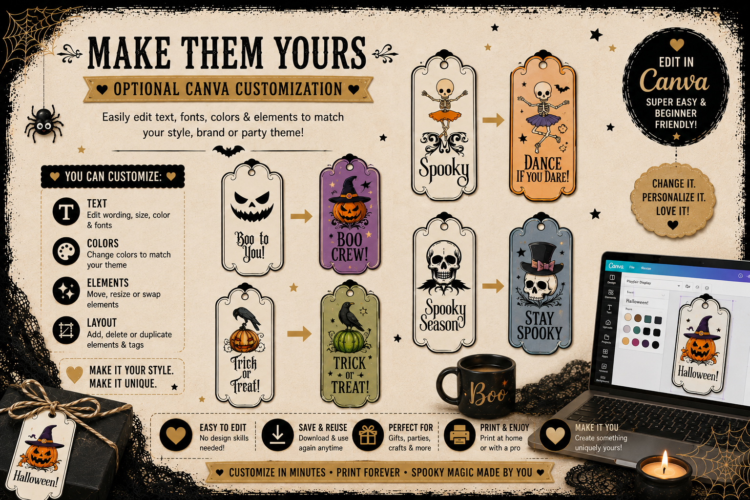 Vintage Halloween Gift Tags – Black & Orange Collection – Printable & Editable