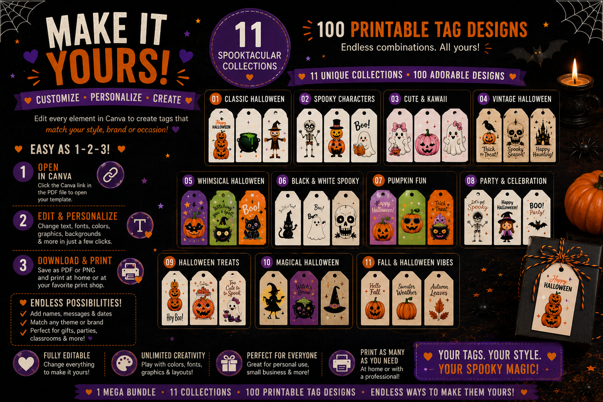 The Ultimate Halloween Gift Tags Bundle – 100 Printable & Editable Tags