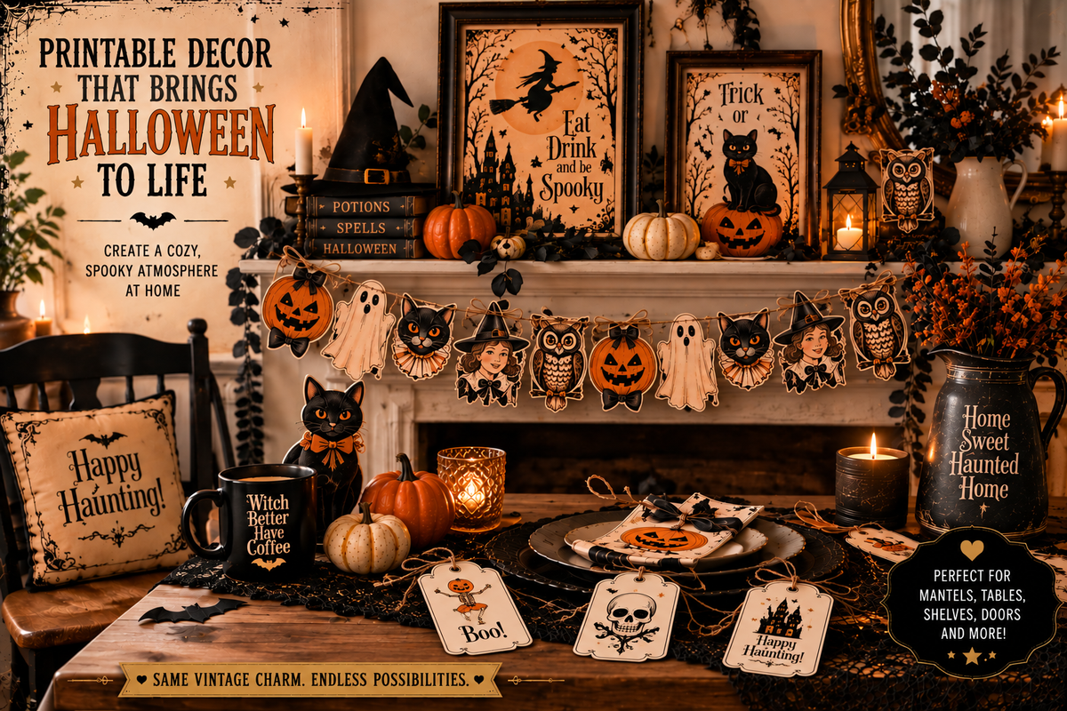 Halloween printable decor styled in a cozy home setting