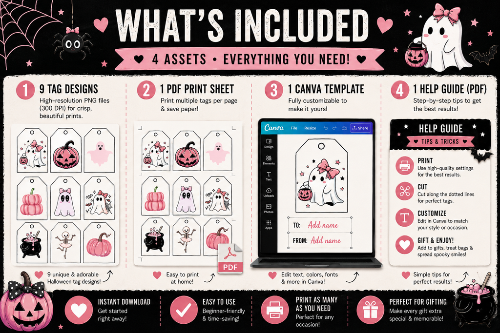 Pink Halloween Gift Tags – Cute & Spooky Collection – Printable & Editable