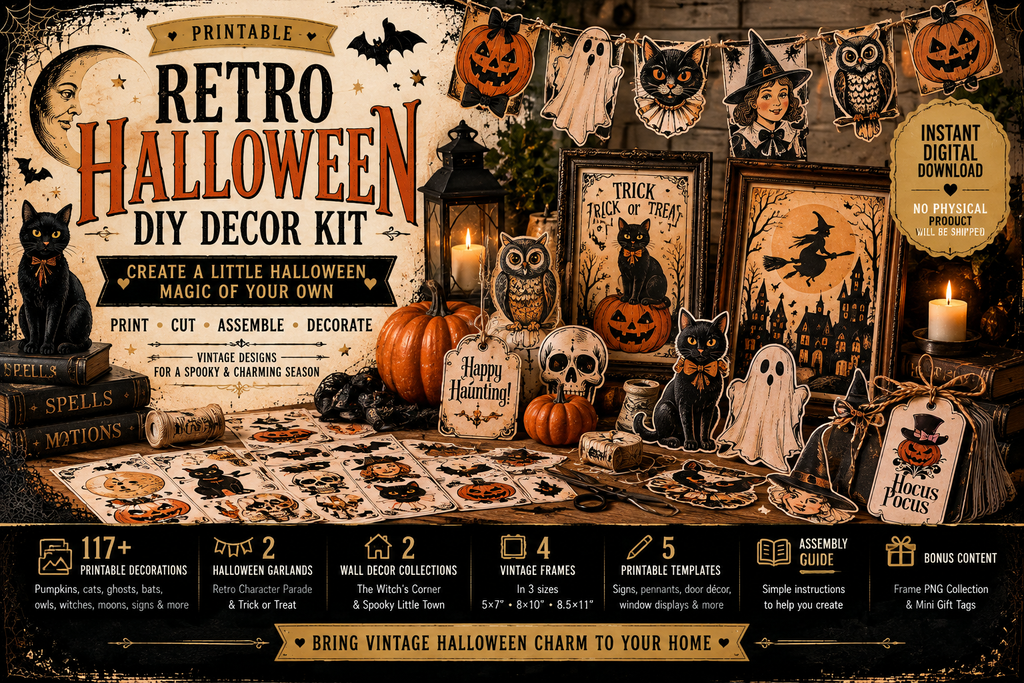 Retro Halloween DIY Decor Kit – printable vintage decorations instant download