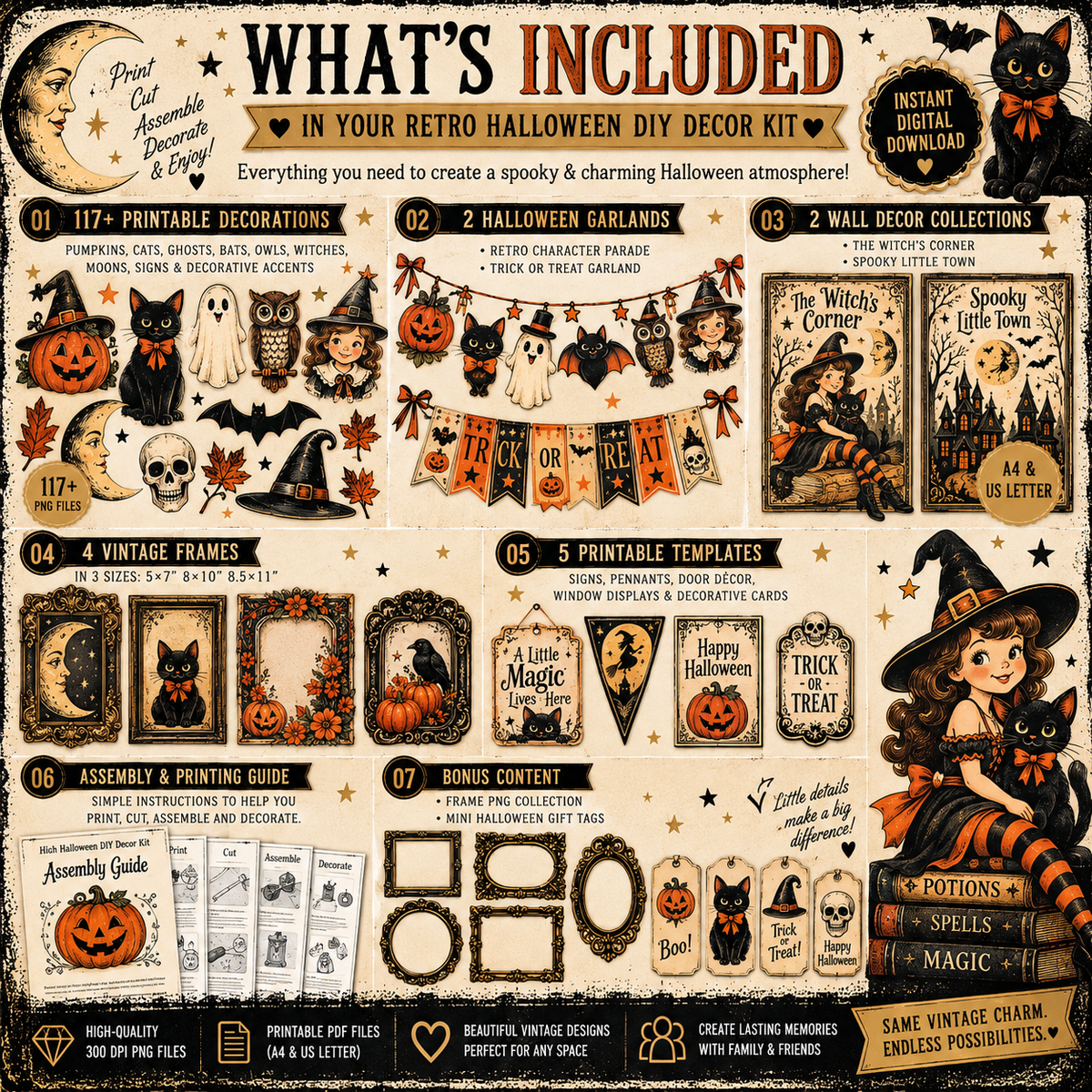 What's included in the Retro Halloween DIY Kit – garlands, frames and templates