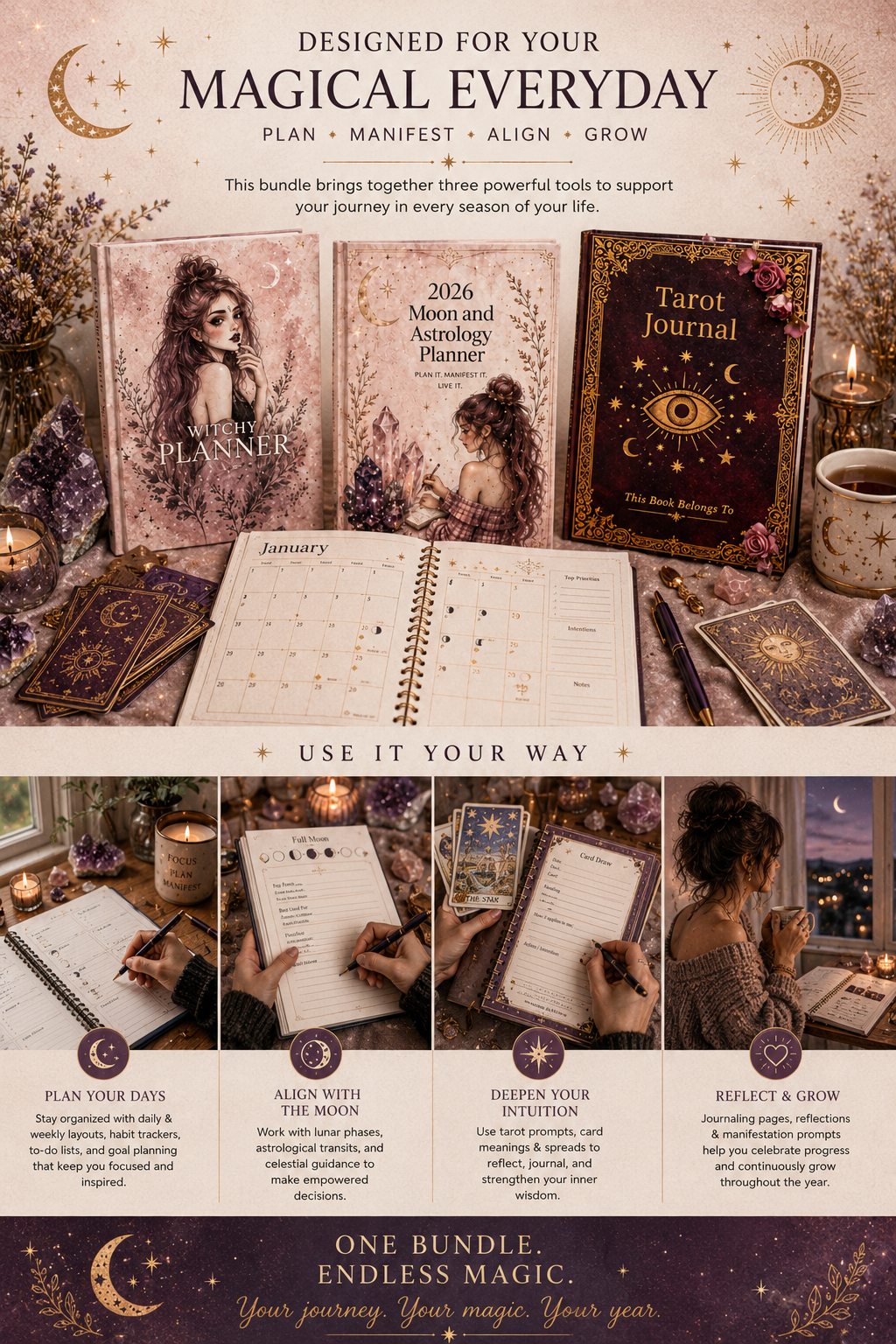 The Witchy Collection | Digital Planner, Tarot Journal & Moon Astrology Bundle